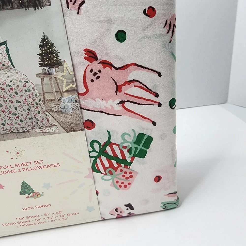 Cath Kidston London FULL Christmas Ditsy Deer Pink Cotton 200 Count Sheet Set